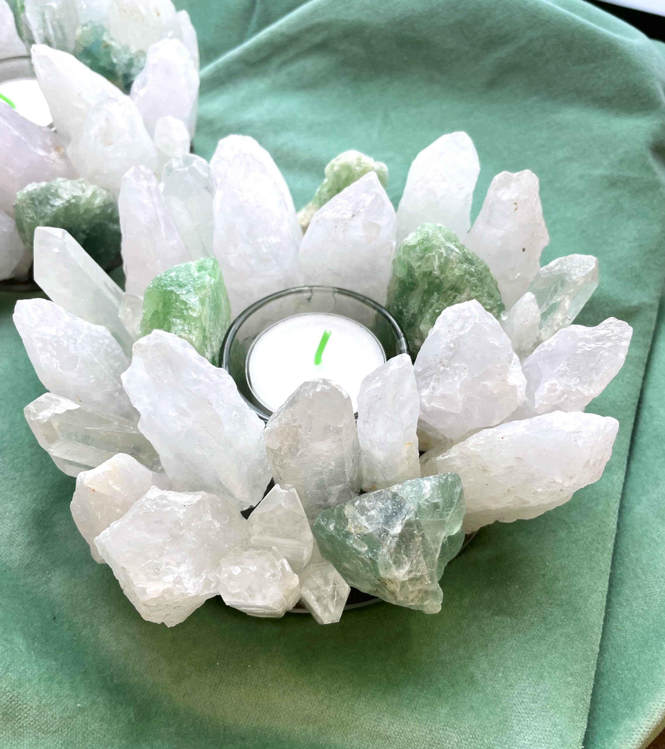 Teelicht Bergkristall und Fluorit grün - leuchtende Kristalle 1 SanjaNatur®