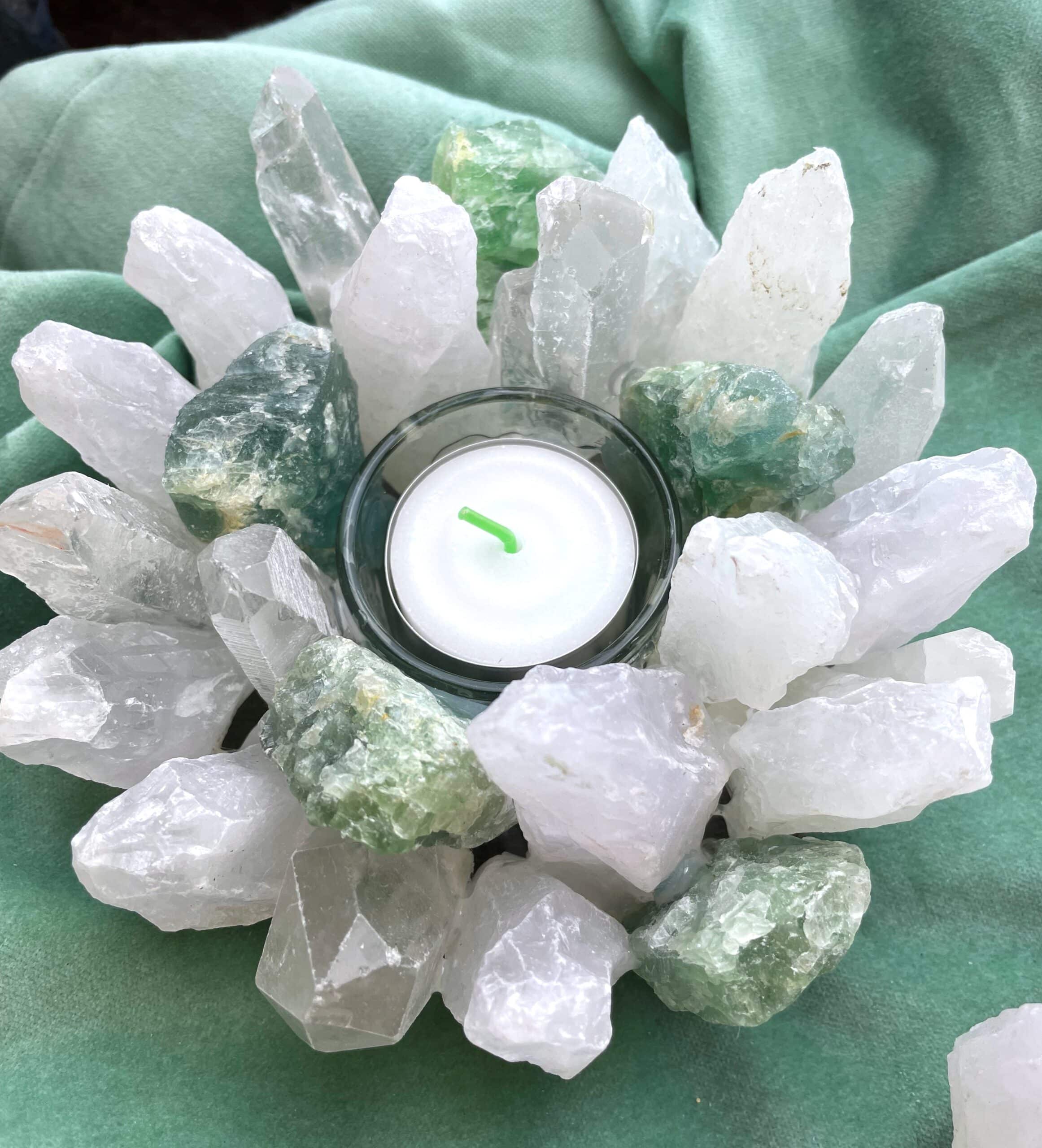 Teelicht Bergkristall und Fluorit grün - leuchtende Kristalle 7 SanjaNatur®