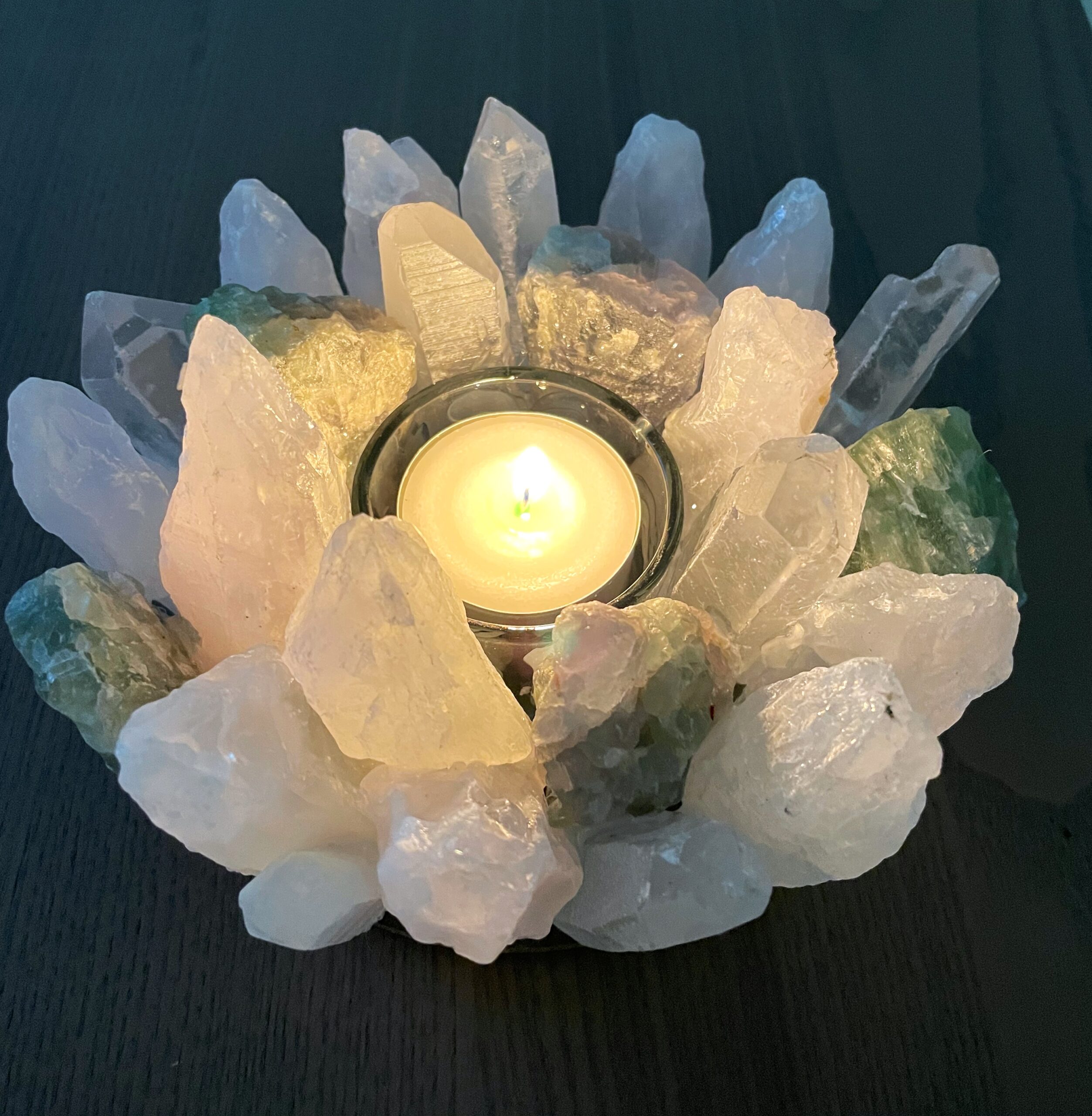 Teelicht Bergkristall und Fluorit grün - leuchtende Kristalle 6 SanjaNatur®