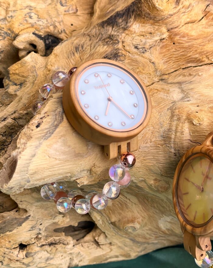 Edelstein Holz Armband Uhr (Olivenholz) Mondstein, Angel Aura und Hämatit Rosé 2 SanjaNatur® - Edelsteine & Coaching